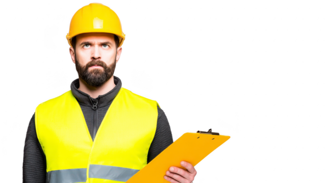 Construction worker safety vest hard hat clipboard male beard adult inspection safety professional Construction worker wearing yellow safety vest and hard hat holding clipboard appearing focused