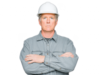 Construction worker hardhat safety male adult serious denim engineer professional Confident construction worker denim shirt and white hardhat with arms crossed serious expression isolated