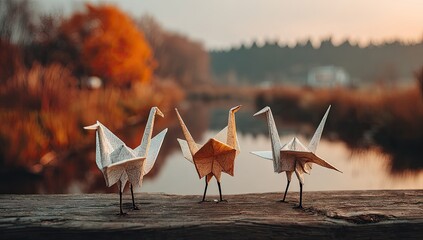 Three origami cranes on a rustic wooden dock at sunset