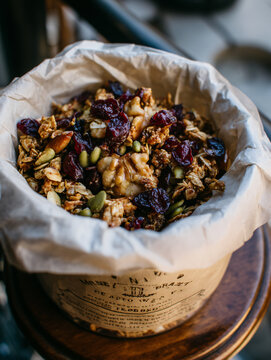 Granola Nuts Breakfast Oats Dried Fruit Healthy Homemade Organic Sweet Crunchy Mix Snack Natural Ingredients Tasty Muesli Yogurt Bowl Wooden Bag Meal Wholefood Energy Provisions Nutritious Dessert