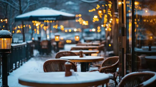 Cozy outdoor cafe covered in snow with warm lights illuminating the winter night ambience in a charming urban setting