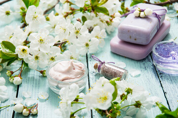 cosmetics, soaps and cherry flowers
