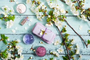 cosmetics, soaps and cherry flowers