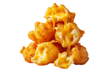 Golden crispy deep-fried cheese balls curds with melted cheese filling, isolated on white transparent background, concept of United States traditional dishes snack food