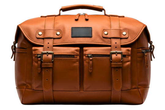 Classic brown leather satchel with buckles and front pockets isolated on a transparent background