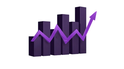 3D bar chart with purple arrow, financial growth, business success, upward trend, modern design, isolated on transparency background