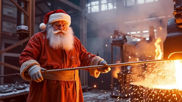 A man dressed as Santa Claus in a blacksmith shop