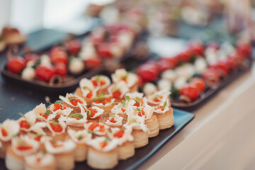 Exquisite culinary display featuring delicate appetizers arranged elegantly on a buffet table at a festive gathering in early afternoon light