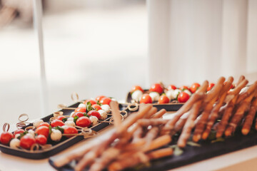 Fresh cherry tomatoes paired with creamy mozzarella and crunchy breadsticks create a delightful appetizer spread at a sunny outdoor gathering in the afternoon