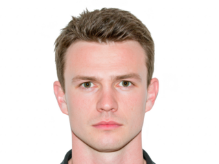 Serious man young adult short brown hair green eyes fair skin neutral expression close up isolated background headshot male portrait