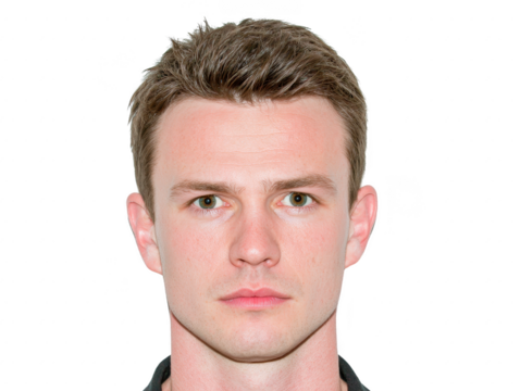 Serious man young adult short brown hair green eyes fair skin neutral expression close up isolated background headshot male portrait - Powered by Adobe