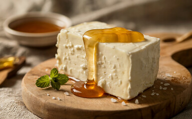 A close-up studio photograph showcasing a wedge of creamy, ivory-colored feta cheese drizzled generously with golden honey. The cheese sits on a rustic wooden board, its texture slightly crumbly with 