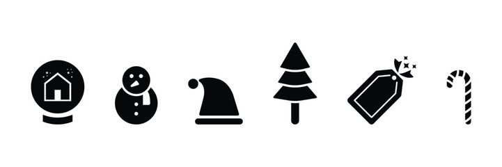 Christmas celebration, winter holiday, festive decoration, seasonal ornament, Santa hat, snowman, gift tag, candy cane, pine tree, snow globe, vector illustration set.