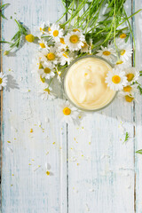 chamomile flowers and baby cream on white wooden table, directly above