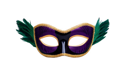 Purple gold masquerade mask with green feather, elegant party accessory, festive and mysterious, suitable for carnival, celebration, or costume event, isolated on transparent background