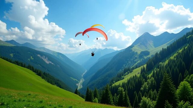 Ai generative Dynamic paragliding adventure over lush green mountain valley on a beautiful summer day