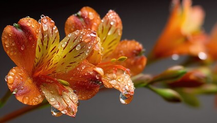 Close-up of two orange and yellow flowers, covered in water droplets