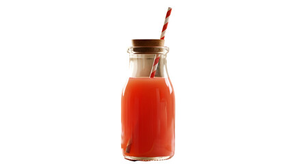 Refreshing Red Drink in Glass Bottle with Straw on Transparent Background, Beverage Still Life
