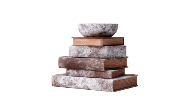 Stacked old book vintage bowl rustic aged weathered isolated transparency background antique textured nostalgic mysterious artistic creative conceptual moody literature education knowledge history