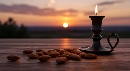 A bowl of almonds on a table, with a lit candle and a sunset over the city in the background.