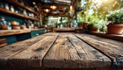 Rustic wooden table in a cafe or garden setting