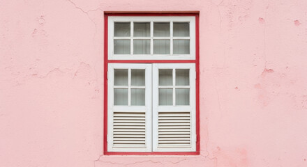 Architectural exterior featuring a window with white shutters and red frame against pink wall