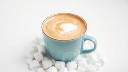 A light blue mug filled with cappuccino surrounded by sugar cubes on a white surface top view