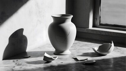 A cracked vase with broken pieces scattered on a table, illuminated by natural light from a window.