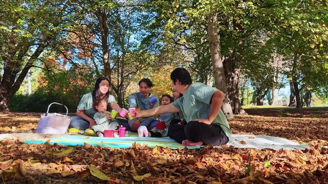 Asian family enjoying picnic in autumn in New Zealand park