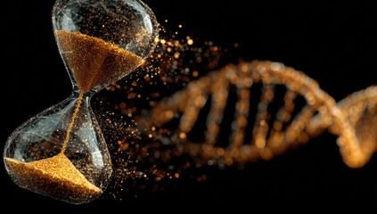 Golden hourglass with DNA, time flowing, particles
