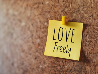 Two Word Inspirational Quote "Love Freely" on a yellow sticky not pinned on a corkboard message board