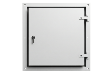 White metal inspection hatch with a key lock for security isolated on a transparent background