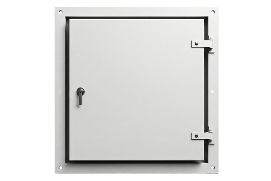 White metal inspection hatch with a key lock for security isolated on a transparent background