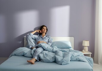 Obraz premium Relaxed Woman in Pajamas Lounging on Bed Thinking and Looking Away From Camera in Bedroom Setting