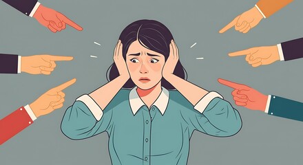 Stressed woman surrounded by accusing fingers a symbol of bullying criticism and mental health issues vector illustration portraying pressure