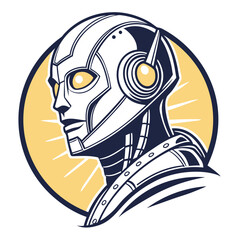 Vector art of futuristic robot with helmet and armor in science fiction style on