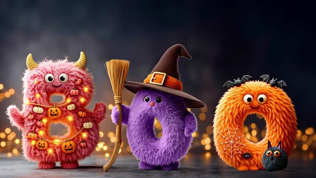 Cute fluffy Halloween monsters in letter shapes and the word "boo" funses and dances