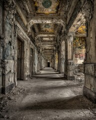 Fototapeta premium Abandoned Long Hallway With Decayed Walls And Dusty Floor