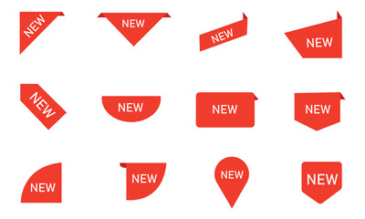 New tag stickers, shopping labels icon, New arrival stickers and labels flat icon kit. Isolated red retail ribbons for promotion vector illustration collection. Discount and price. Vector illustration