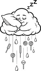 Sweet Dreams Cloud: A whimsical black and white vector illustration of a cute sleeping cloud hugging a pillow, raining down lollipops and raindrops, symbolizing sweet dreams and imagination.