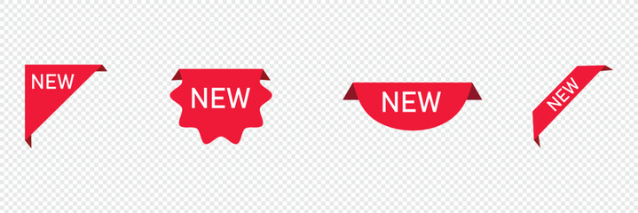 New tag stickers, shopping labels icon, New arrival stickers and labels flat icon kit. Isolated red retail ribbons for promotion vector illustration collection. Discount and price. Vector illustration