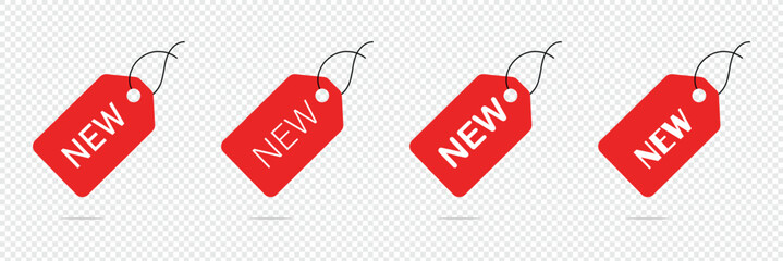 New tag stickers, shopping labels icon, New arrival stickers and labels flat icon kit. Isolated red retail ribbons for promotion vector illustration collection. Discount and price. Vector illustration