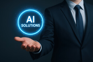 Fototapeta premium Artificial intelligence solutions concept with digital technology and cloud computing for machine learning innovation in futuristic business environment