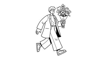 A stylized illustration of a person in motion, holding a vibrant bouquet of flowers, conveying a sense of joy and celebration.