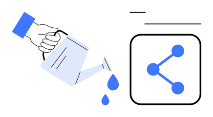 Hand pouring water from a can with drops falling, next to a share icon. Ideal for growth, networking, collaboration, communication, sustainability, innovation, simple landing page