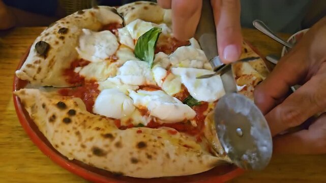 Round pizza with mozzarella di bufala campana, tomato sauce and basil being sliced with a pizza cutter