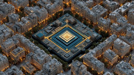 Obraz premium Aerial view of a modern architectural structure surrounded by urban buildings at dusk