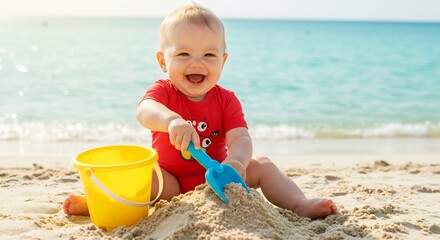 太陽輝く砂浜で笑顔輝く赤ちゃん 砂遊び 楽しげ. AI Generated