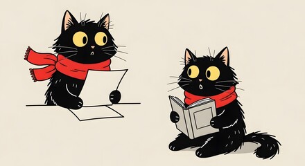Two cartoon illustrations of a cute black cat with a red scarf, one writing at a desk and the other reading a book.