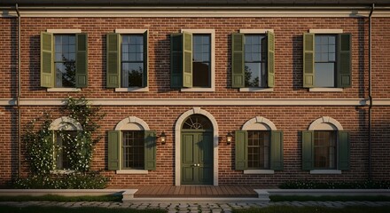 Obraz premium Symmetrical facade of a traditional brick building featuring green shutters on multiple windows and a central arched doorway.